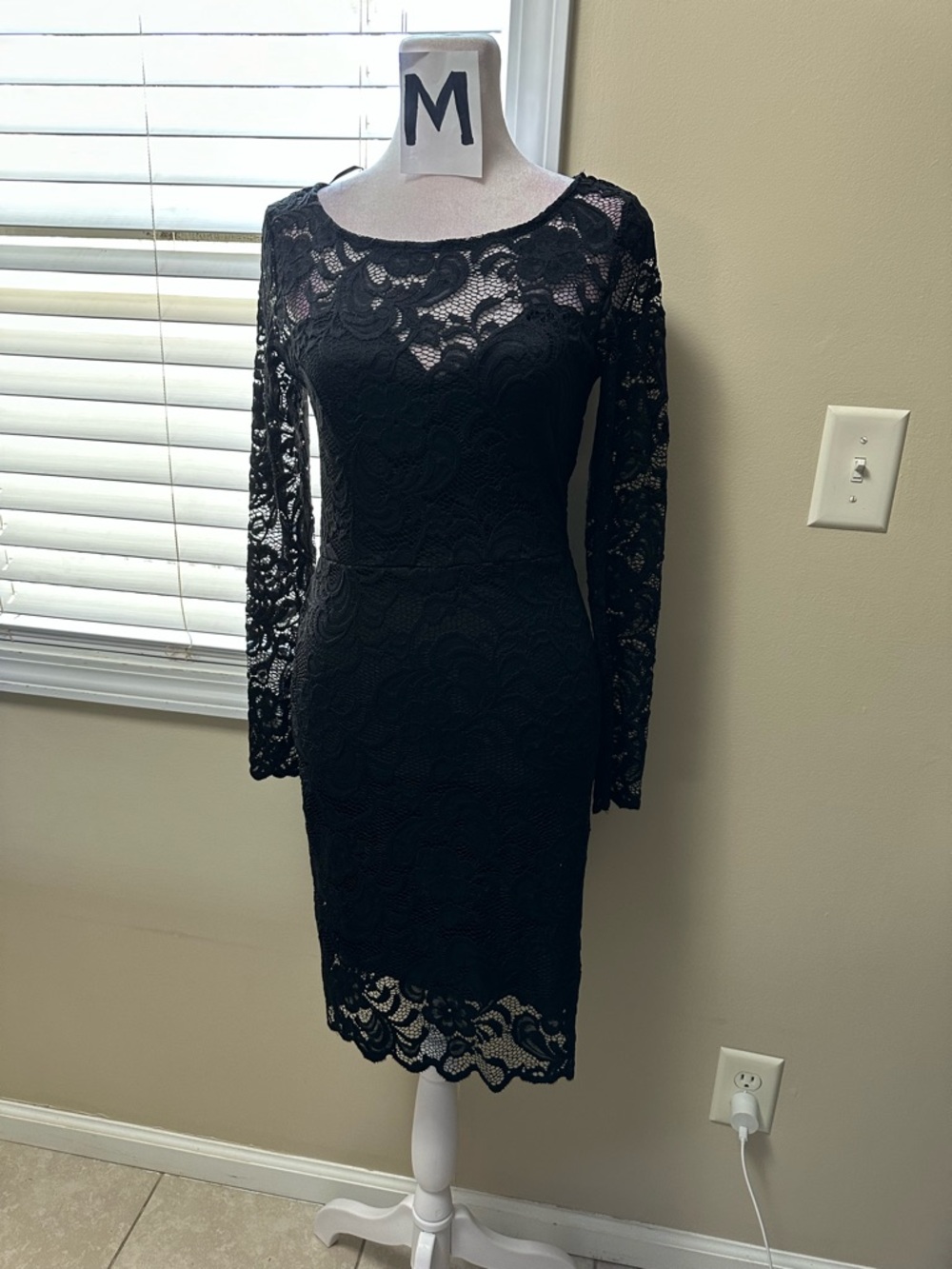 Ambiance Black Lace Long-Sleeve Sheath Dress with Scalloped Hem